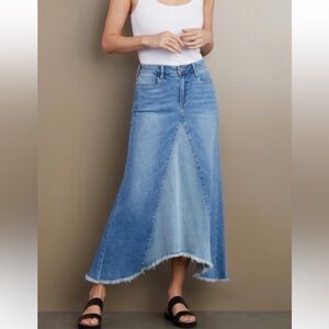 WASH LAB $128 Selma Pieced Asymmetric Denim Maxi Skirt Two Tone Sky Sz 26 90s